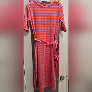 Ann Taylor Striped Orange & Purple Midi Dress with belt, side slit, Sz: XXS, NWT